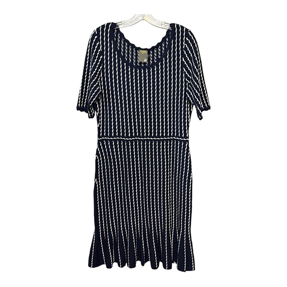 Taylor Navy White Zigzag Midi Sweater Dress Large Scoop Neck Short Sleeve